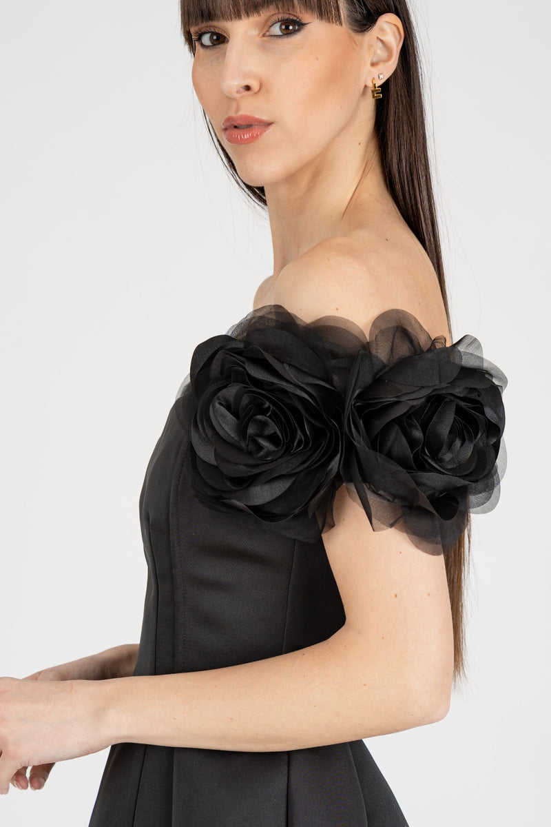 Abito in Duchesse Fiori Nero