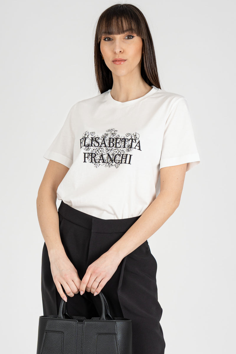 T-Shirt Stampa Ricamo Bianco