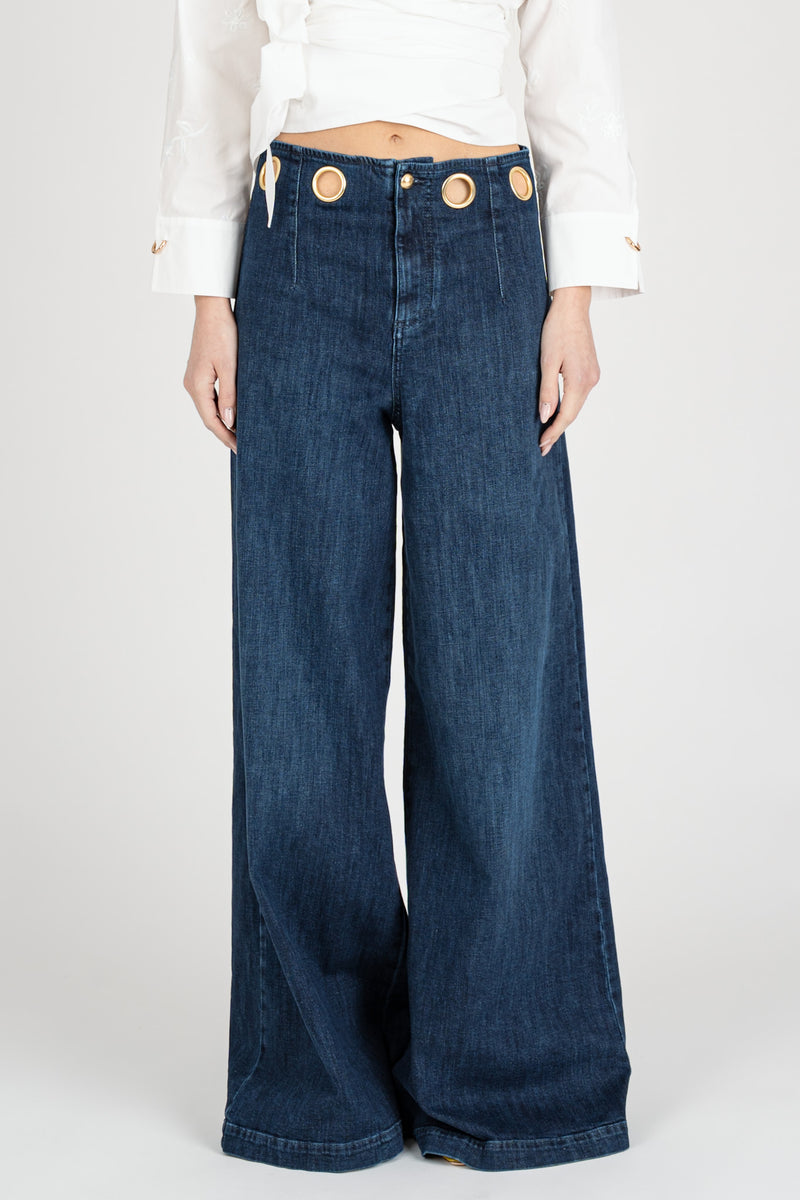 Pantalone Denim Palazzo Wide Leg Blu