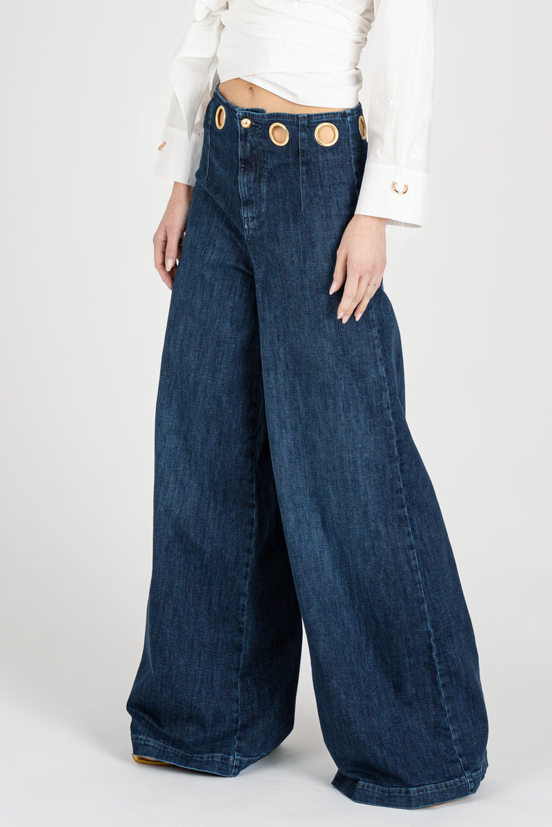 Pantalone Denim Palazzo Wide Leg Blu