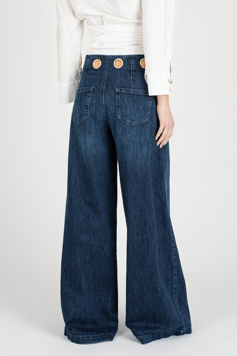 Pantalone Denim Palazzo Wide Leg Blu