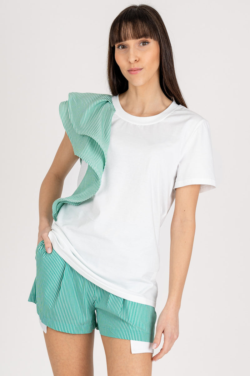 T-Shirt Rouches Righe Green White