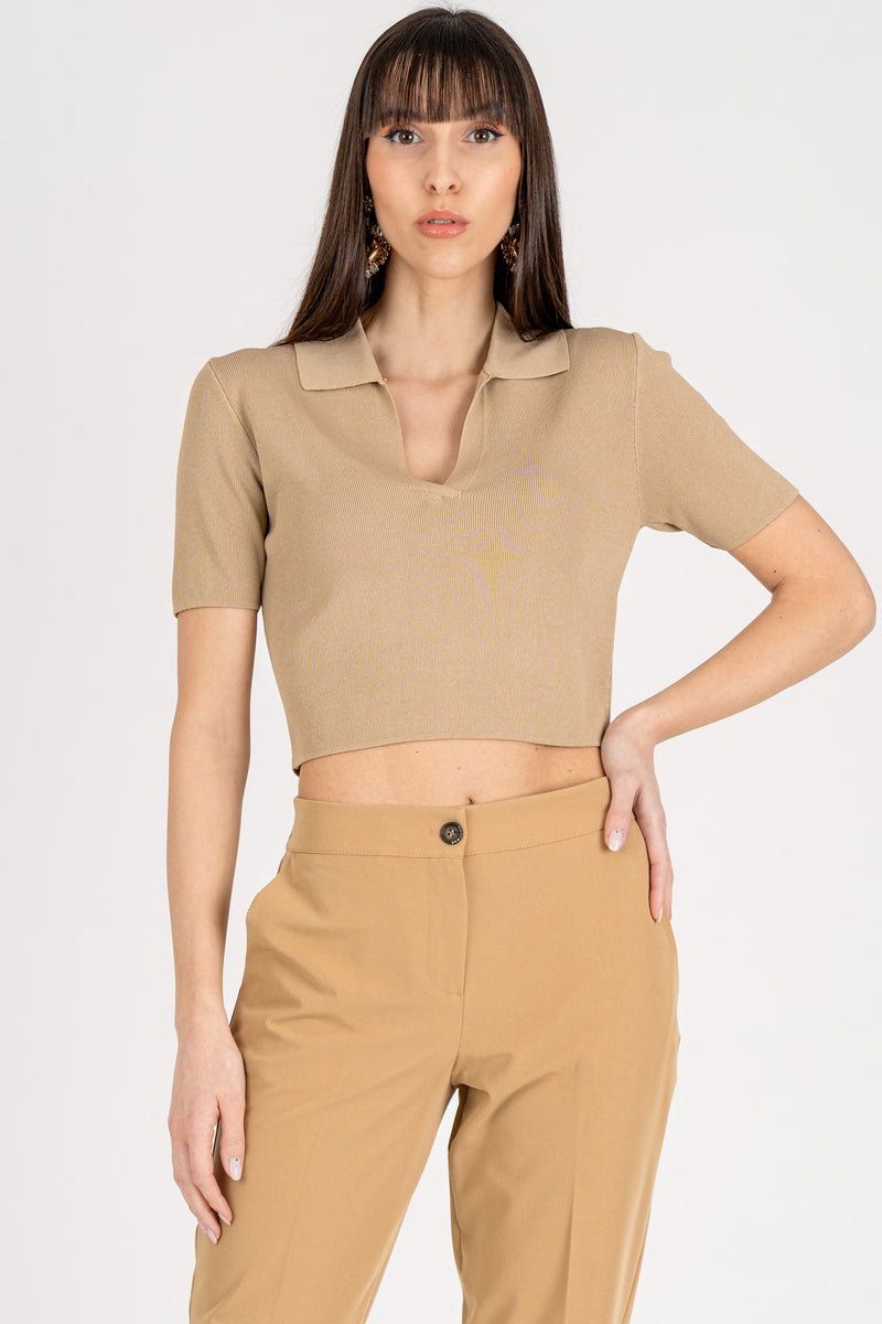 Maglia Polo Crop cammello