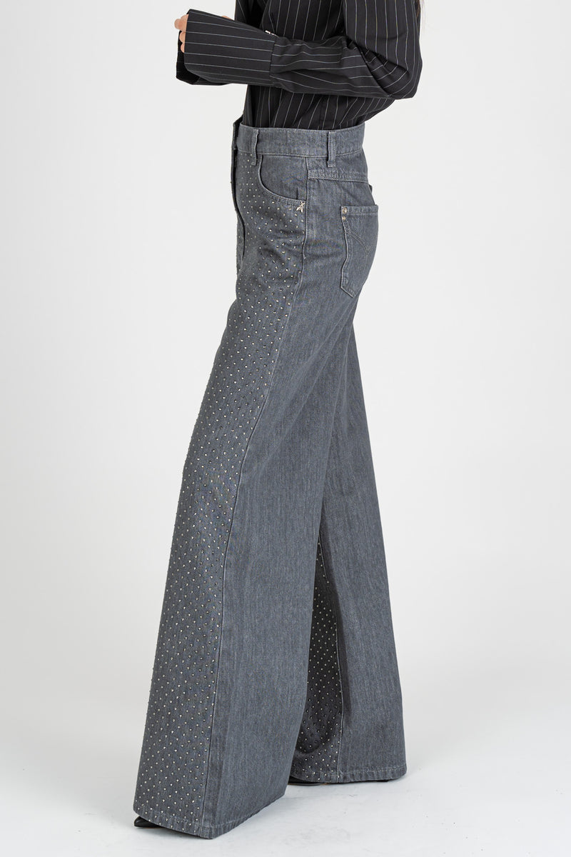 Jeans Wide Leg Strass Gray Denim