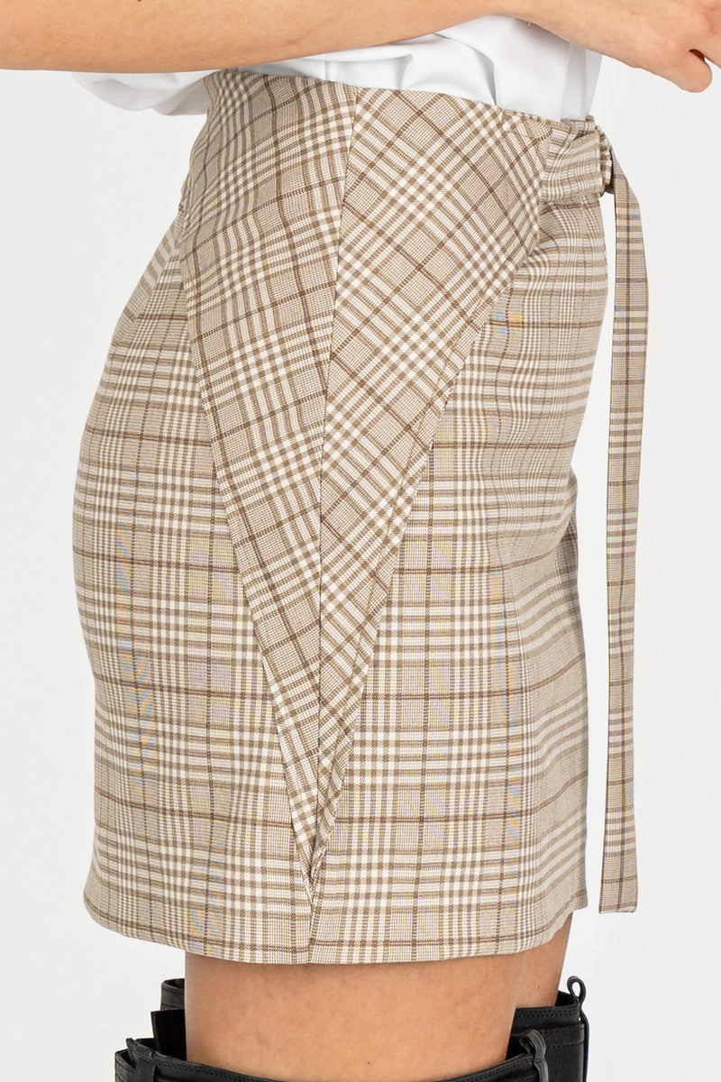 Gonna Mini Vita Bassa Stone Beige Check