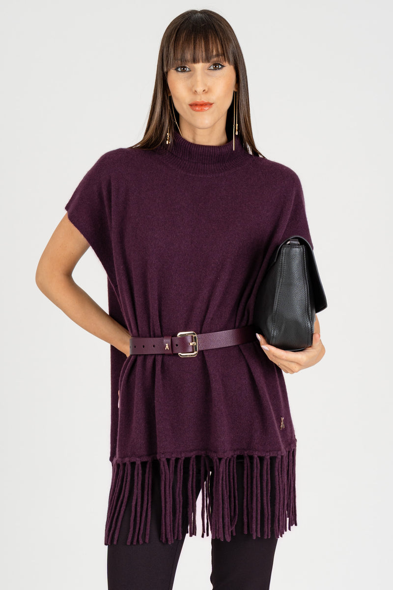 Poncho con Frange Purple Red Cashmere