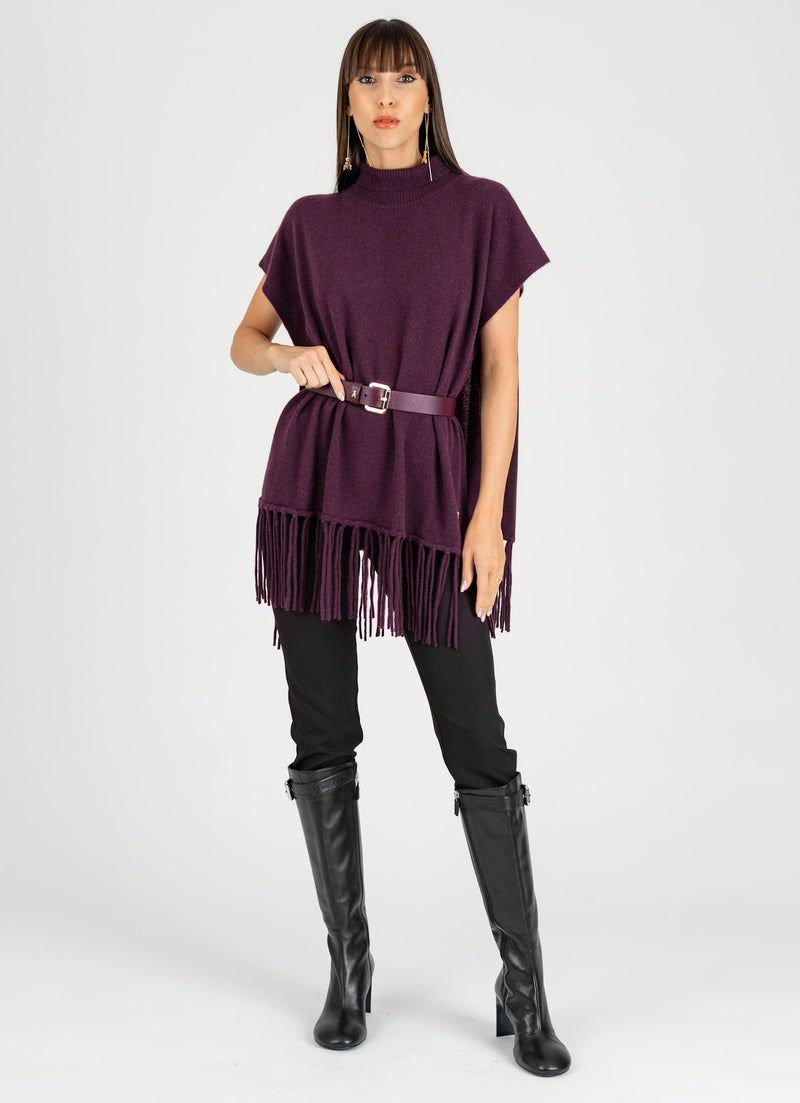 Poncho con Frange Purple Red Cashmere