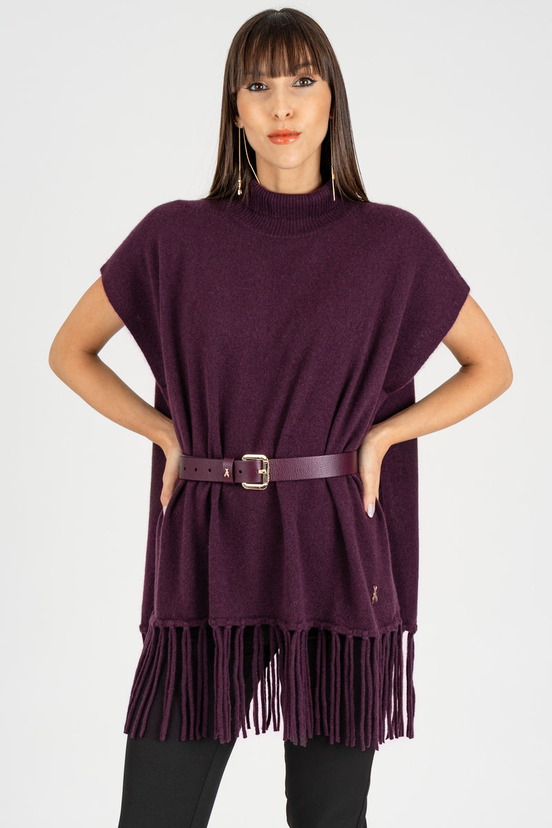 Poncho con Frange Purple Red Cashmere