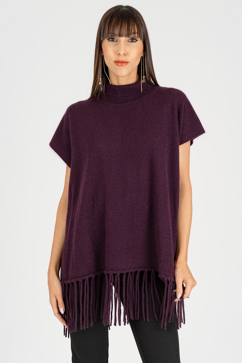 Poncho con Frange Purple Red Cashmere