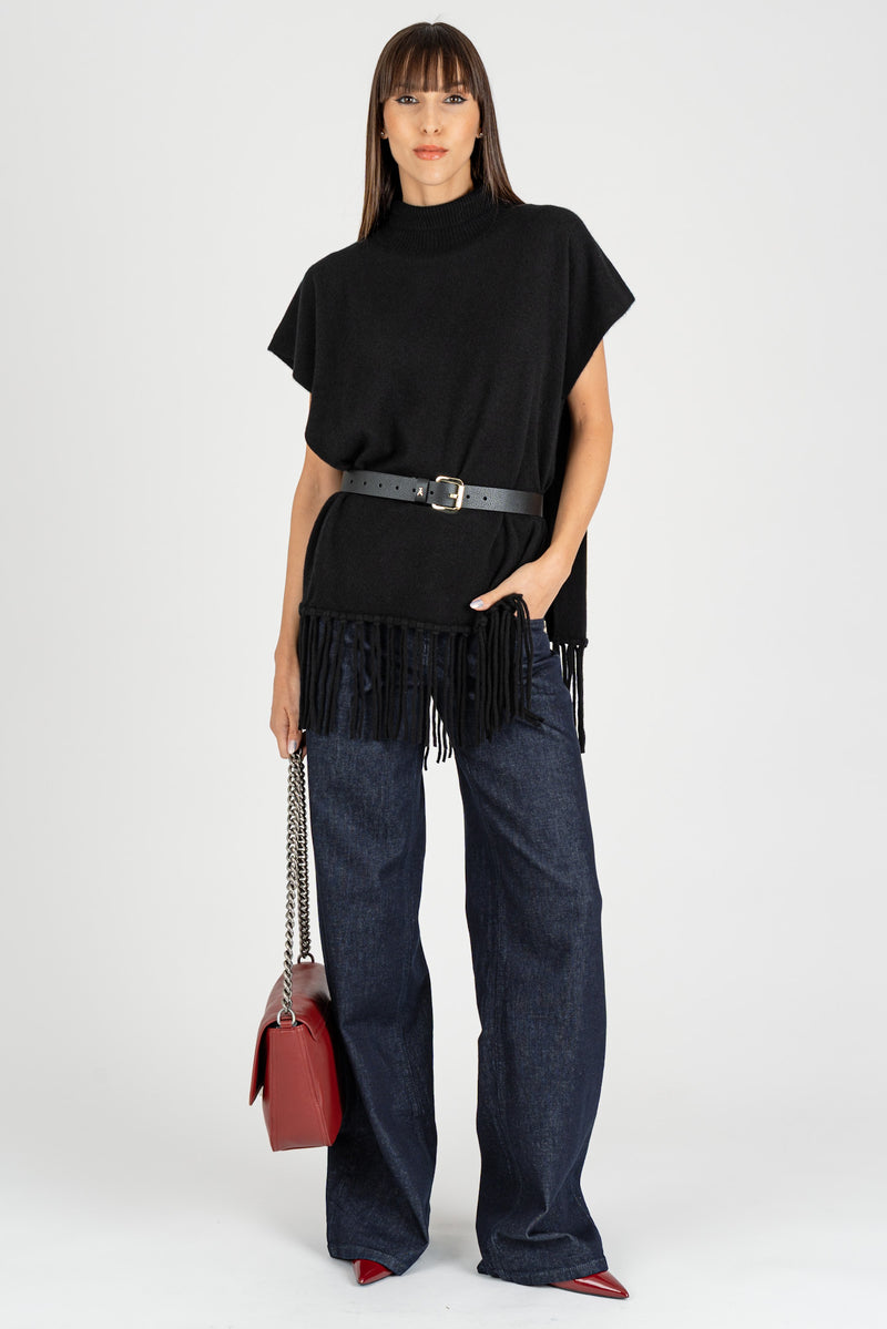 Poncho con Frange Nero Cashmere