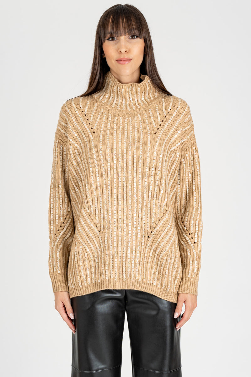 Maglione Collo Pailettes Cammello