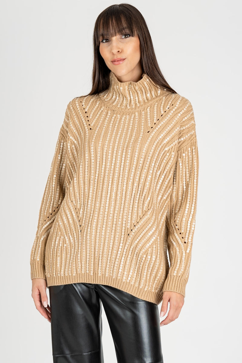 Maglione Collo Pailettes Cammello