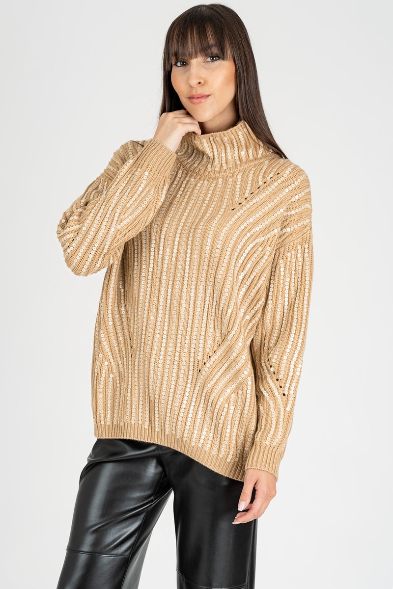 Maglione Collo Pailettes Cammello