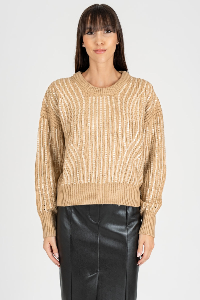 Maglione Giro Collo Pailettes Cammello