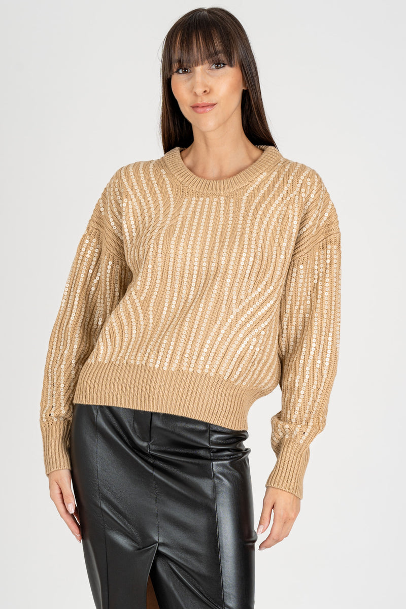 Maglione Giro Collo Pailettes Cammello