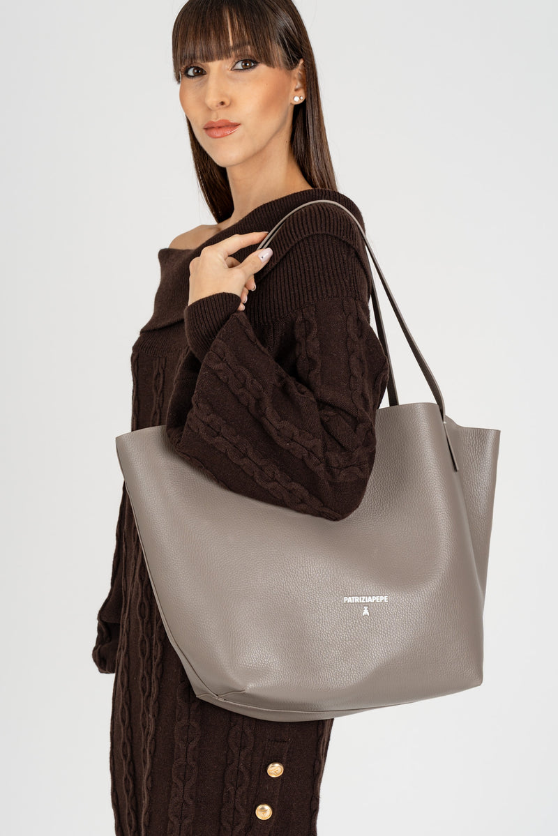 Borsa Shopping Pelle Martellata Dark Tatami