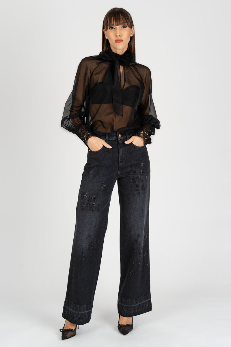 Jeans Ricami Strass Nero