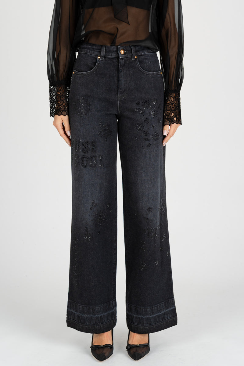 Jeans Ricami Strass Nero