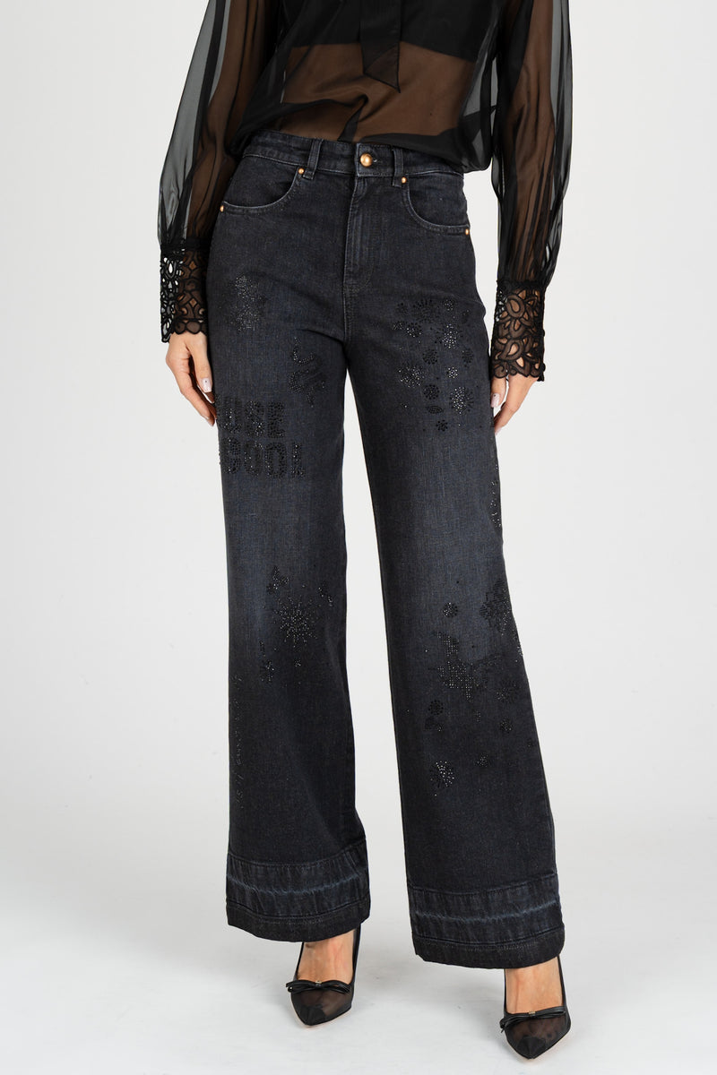 Jeans Ricami Strass Nero