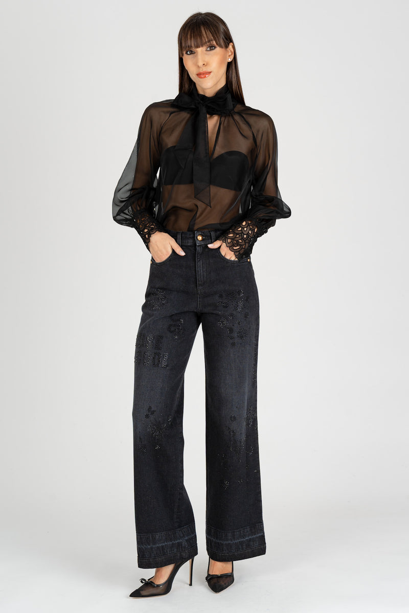 Jeans Ricami Strass Nero