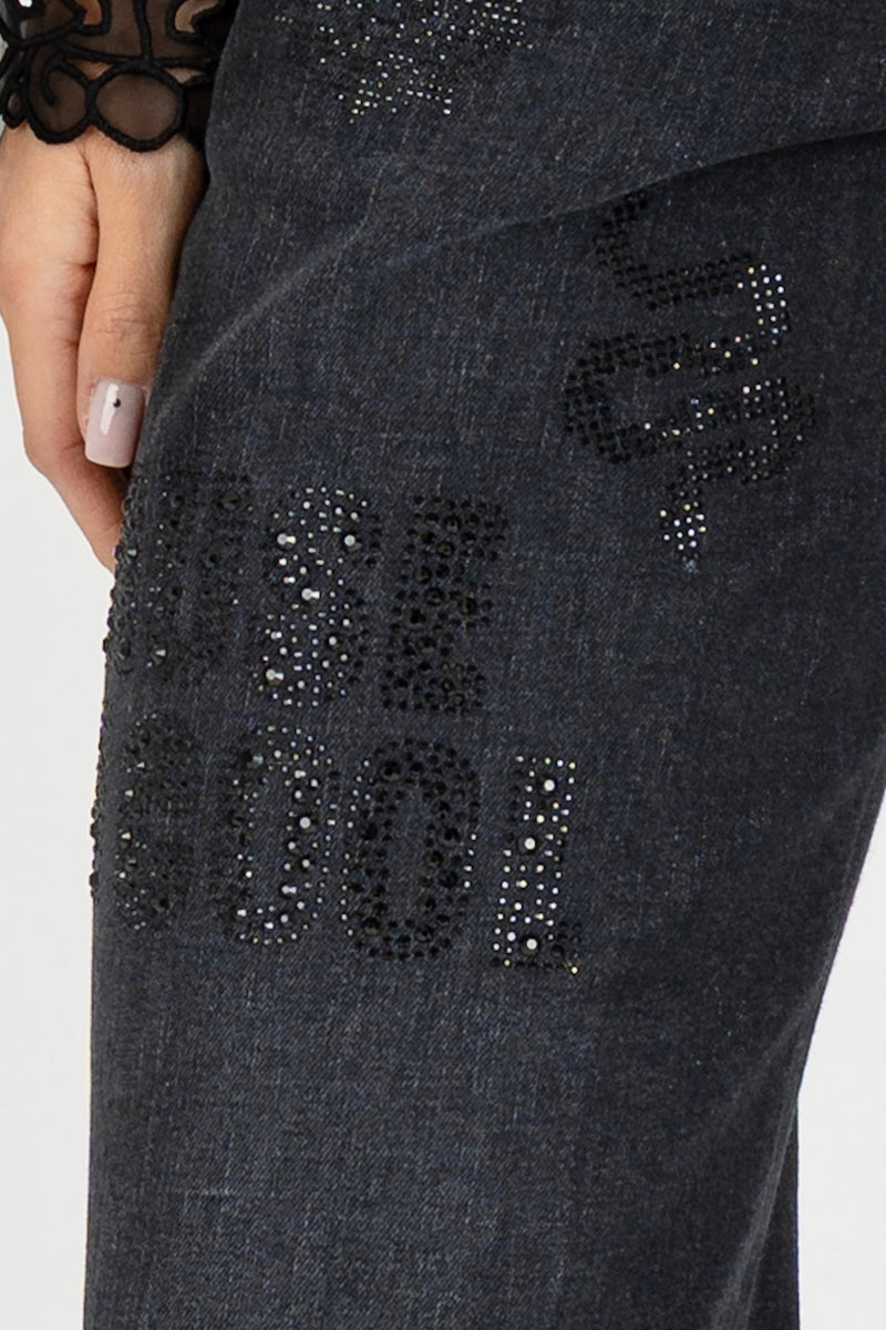 Jeans Ricami Strass Nero