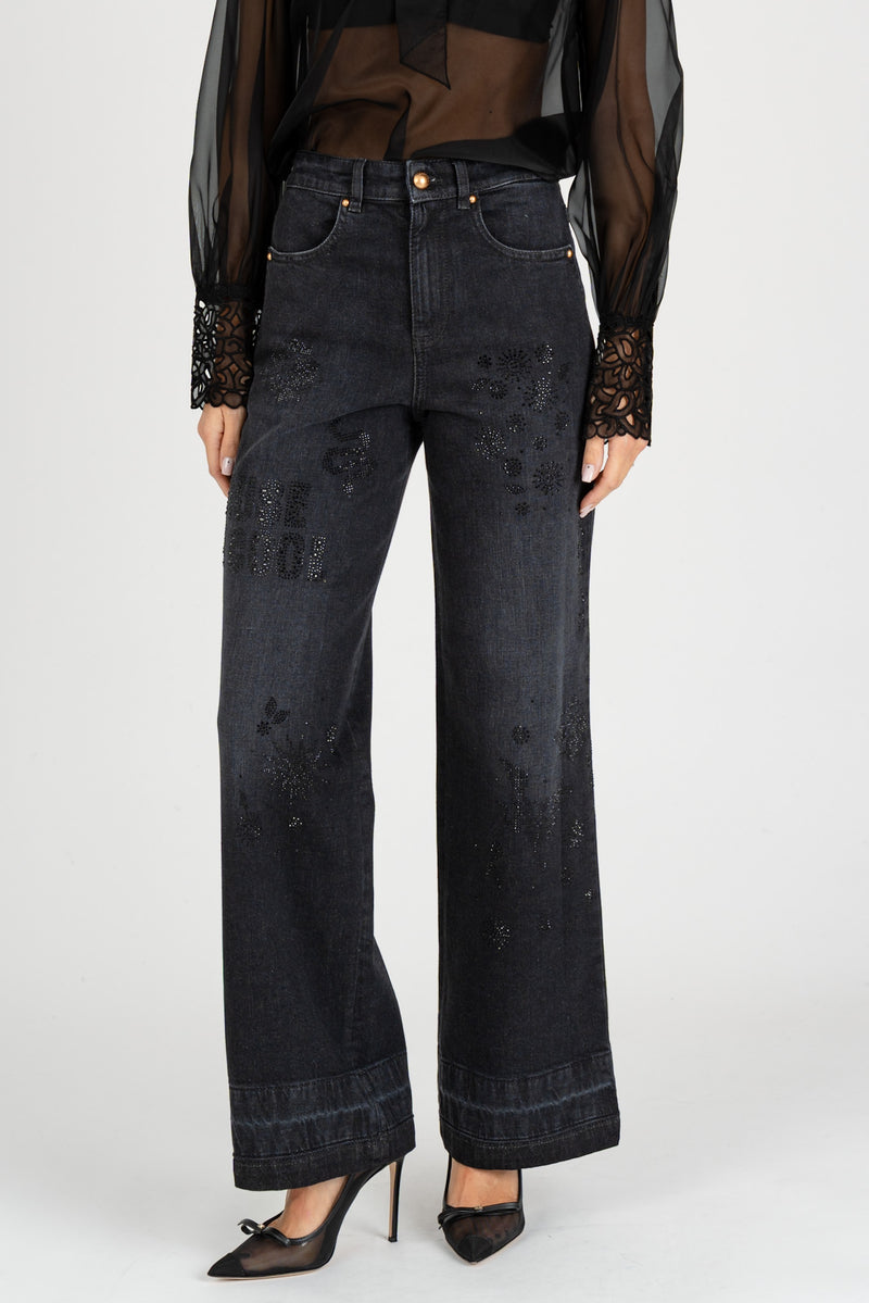 Jeans Ricami Strass Nero