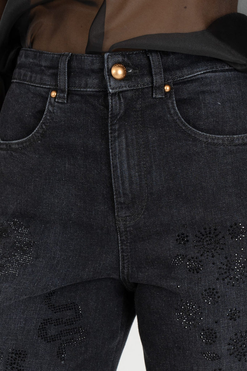 Jeans Ricami Strass Nero