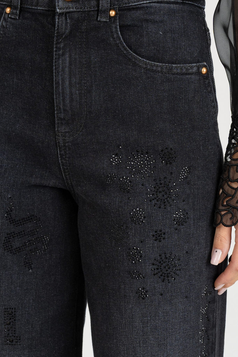 Jeans Ricami Strass Nero