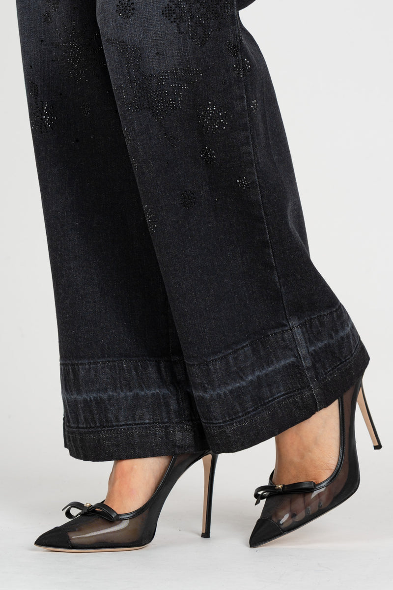 Jeans Ricami Strass Nero