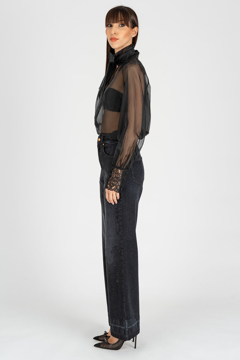 Jeans Ricami Strass Nero