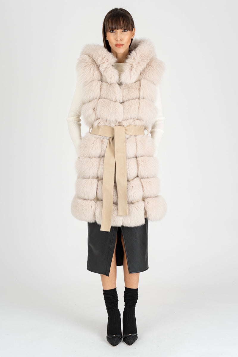 Gilet in Pelliccia con Cappuccio Naturale