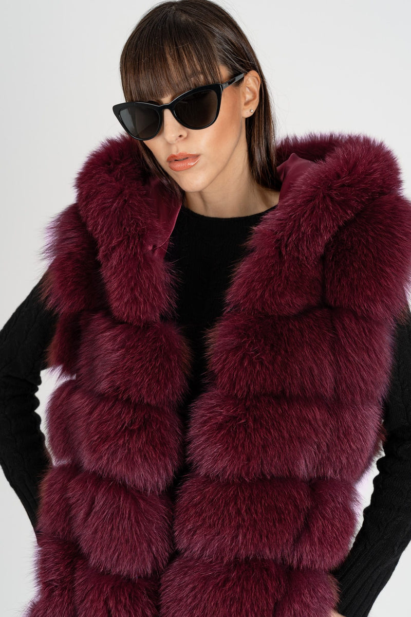 Gilet in Pelliccia con Cappuccio Bordeaux