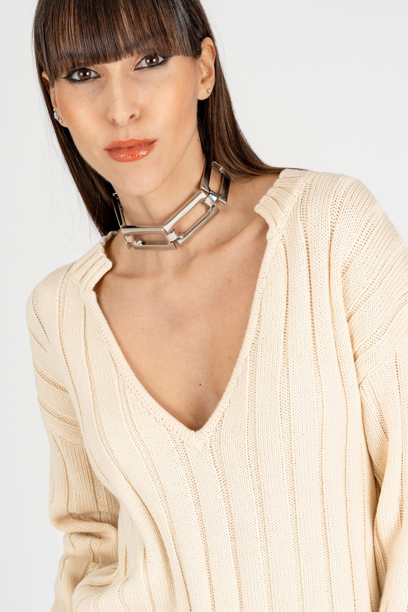 Maglia Scollo a V "Essential" Wooly White