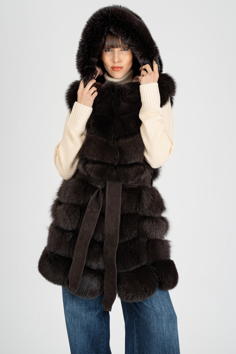 Gilet in Pelliccia con Cappuccio Moka