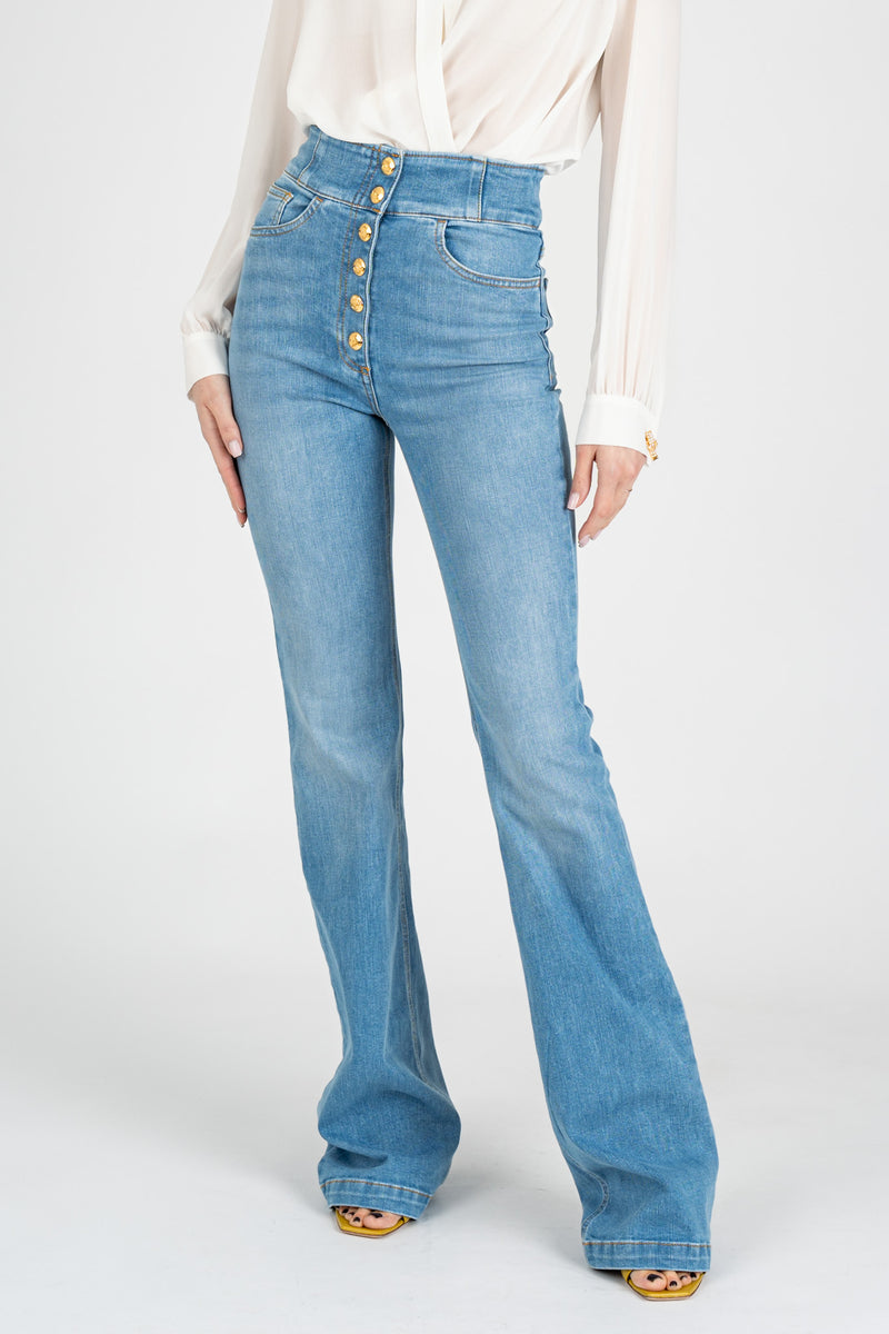 Jeans Vita Alta Bottoni Logo Light Blue