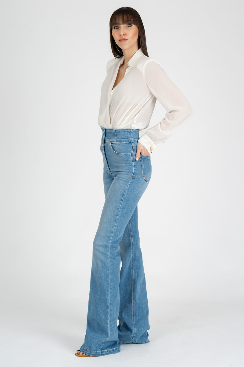 Jeans Vita Alta Bottoni Logo Light Blue