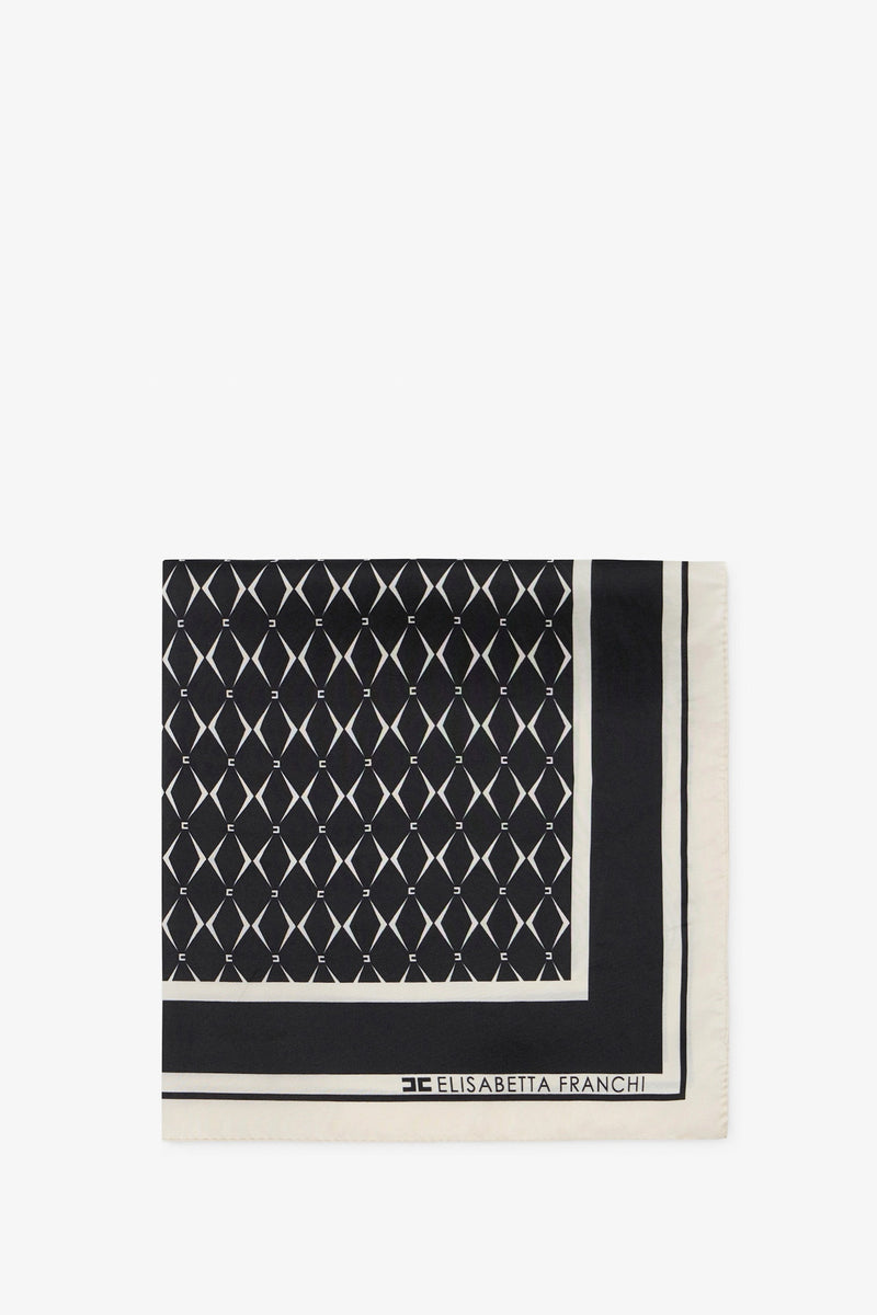 Foulard in Seta con Pattern Rombo e Logo Nero/Burro